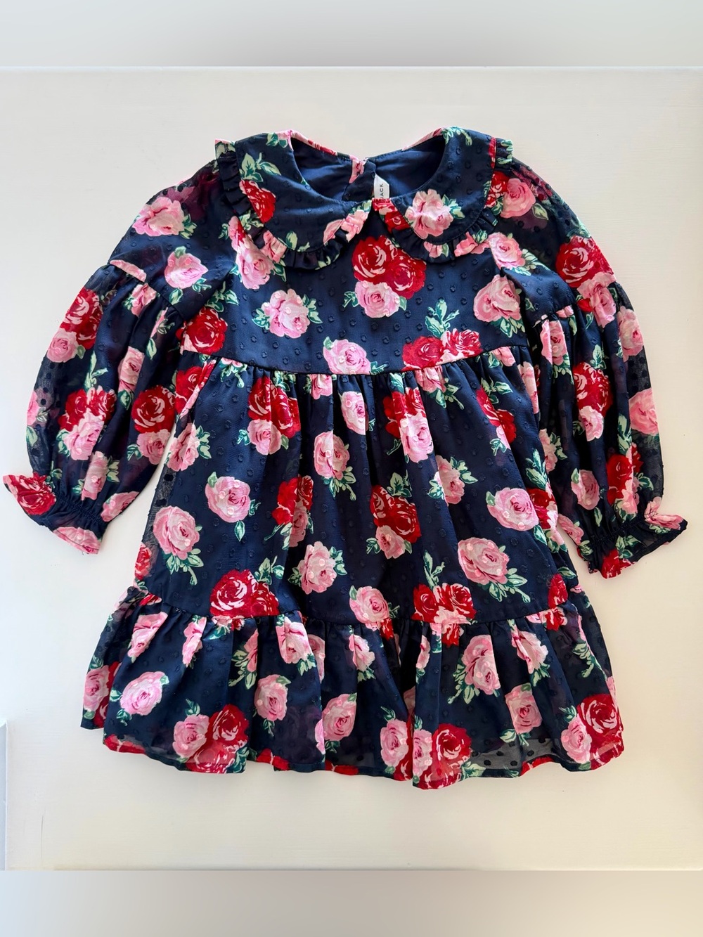 Janie and Jack Navy Dress with Pink & Red Roses — 3T Excellent Condition